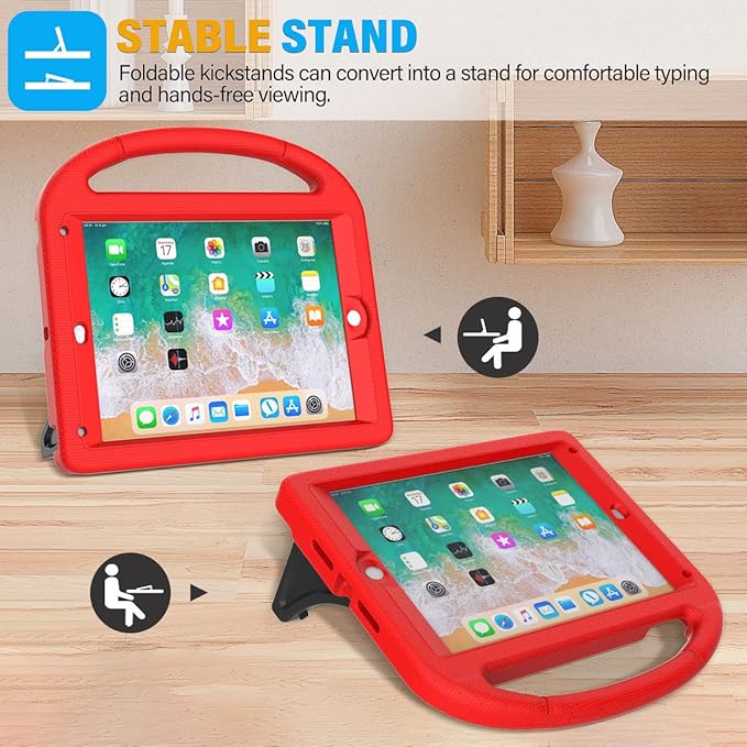 SUPLIK Kids Case for iPad 5th/6th Generation(9.7 inch, 2017/2018), iPad Air 2/1 & Pro 9.7 Case with Screen Protector, Durable Protective Cover with Handle Stand for Apple iPad 5/6 Gen, Red