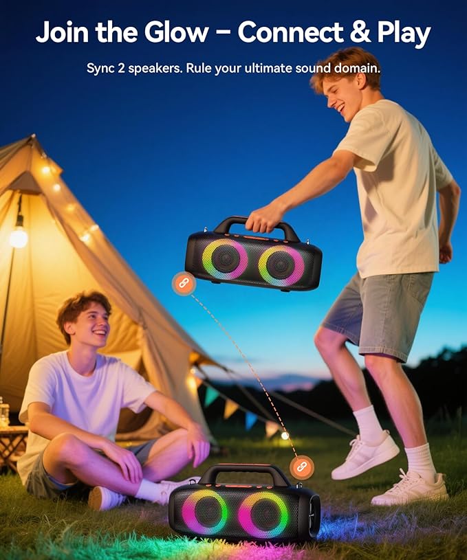 BassBloom Roar 1 Portable Bluetooth Speaker,60W Powerful Sound with JIKE Bass,IPX6 Waterproof,24H Playtime,Bluetooth 5.4,RGB Party Lights,Wireless Stereo Pairing,Travel Outdoor for Camping and Beach