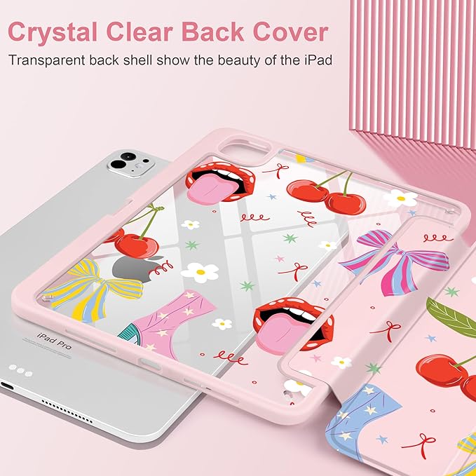 Case for iPad Pro 13 Inch (M5 2025 M4 2024) – [Built-in Pencil Holder], Shockproof & Stylish, Clear Hard Back + Soft TPU Edge, Magnetic Trifold Stand, Auto Wake/Sleep, Cherry & Lip