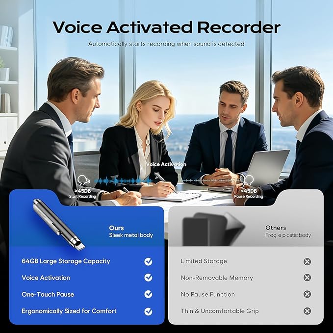64GB Voice Activated Recorder Device - Qunifyed Digital Voice Recorder with AI Noise Reduction, Portable Recording Device for Meetings, Interviews, Lectures, Work