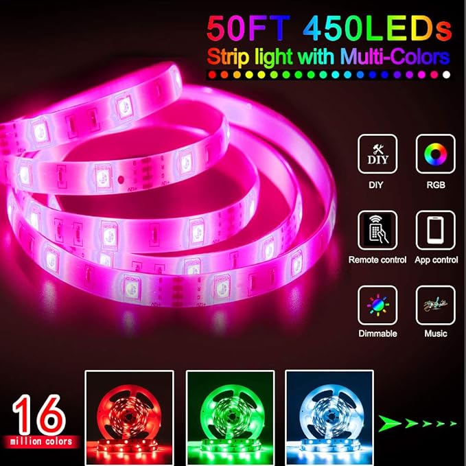 LED Strip Lights 32.8ft, Multicolor RGB LED Light Strips, 5050 LED Tape Lights, Music Sync Color Changing+Remote Control +APP Controlled LED Strip Lights for Bedroom Party Christmas Decoration