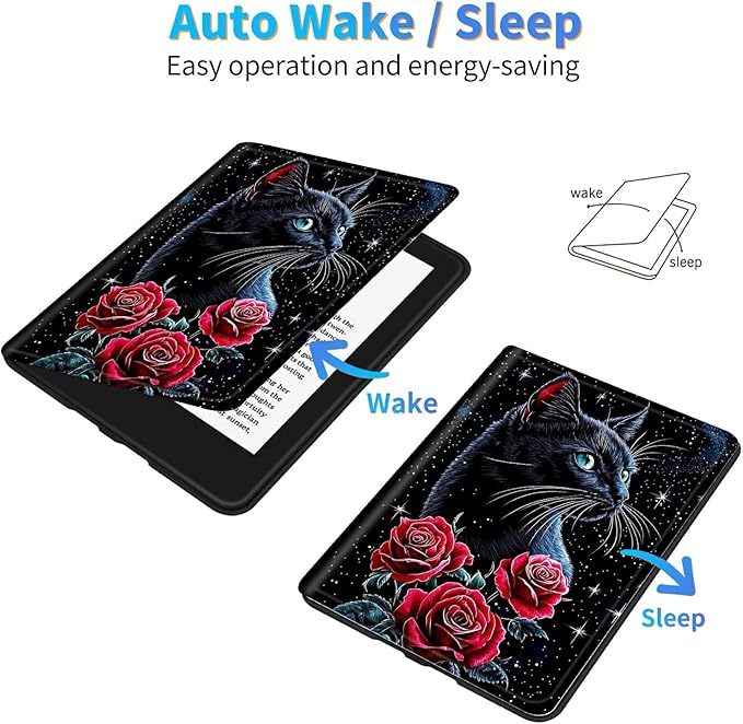 for 6" All-New Kindle Paperwhite 4 10th Generation (Model No. PQ94WIF) E-Reader Case, Slim Kickstand Stand Leather Smart Cover with Auto Wake/Sleep, Red Rose Cat Black