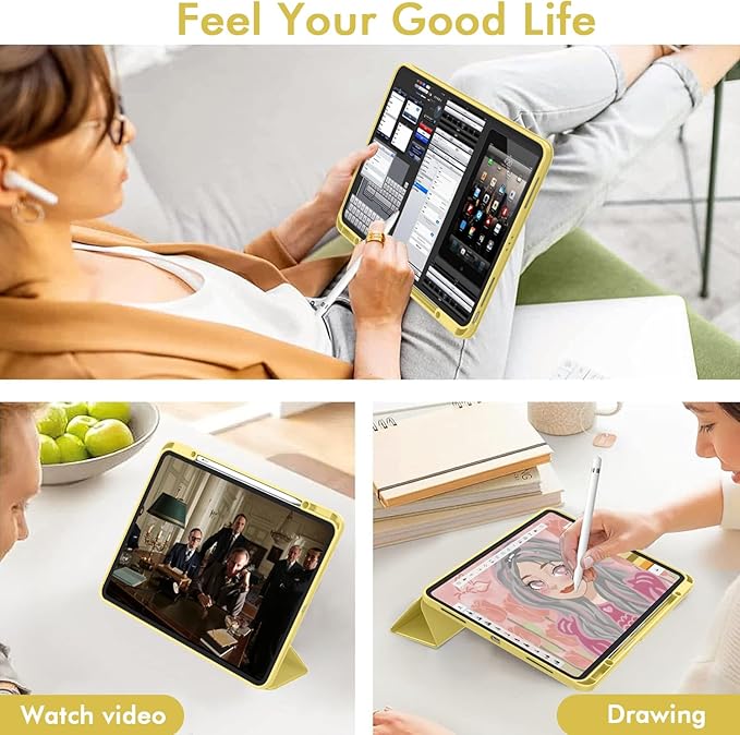 ZryXal New iPad Air 13 Inch Case M3 2025/M2 2024 with Pencil Holder, Trifold Stand Smart Case with Soft TPU Back,Auto Wake/Sleep(Yelow)