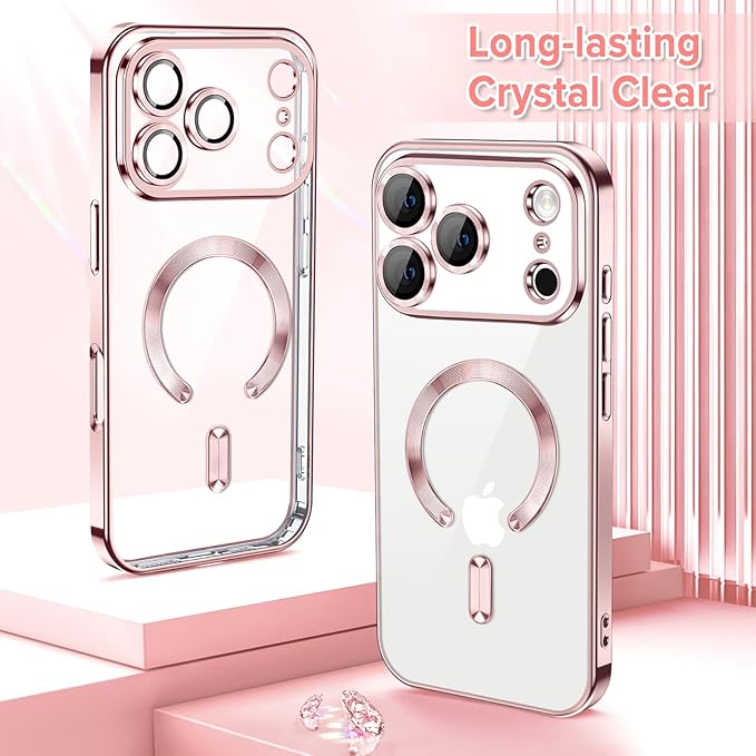 Hython Magnetic Clear for iPhone 17 Pro Max Case with Camera Lens Protector [Compatible with MagSafe] Plating Edge Slim Soft TPU Cover Protective Phone Case for iPhone 17 Pro Max 6.9", Pink