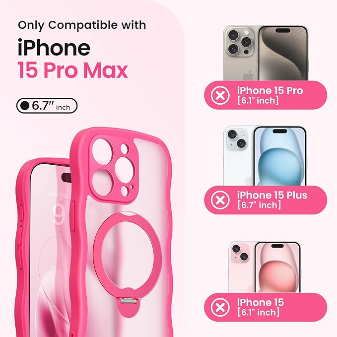 CAPRARO for iPhone 15 Pro Max Case with 360° Spin Magnetic Stand for Women, [Compatible with MagSafe] [Full Camera Protection] Cute Wave Translucent Matte Case for iPhone 15 Pro Max, Hot Pink