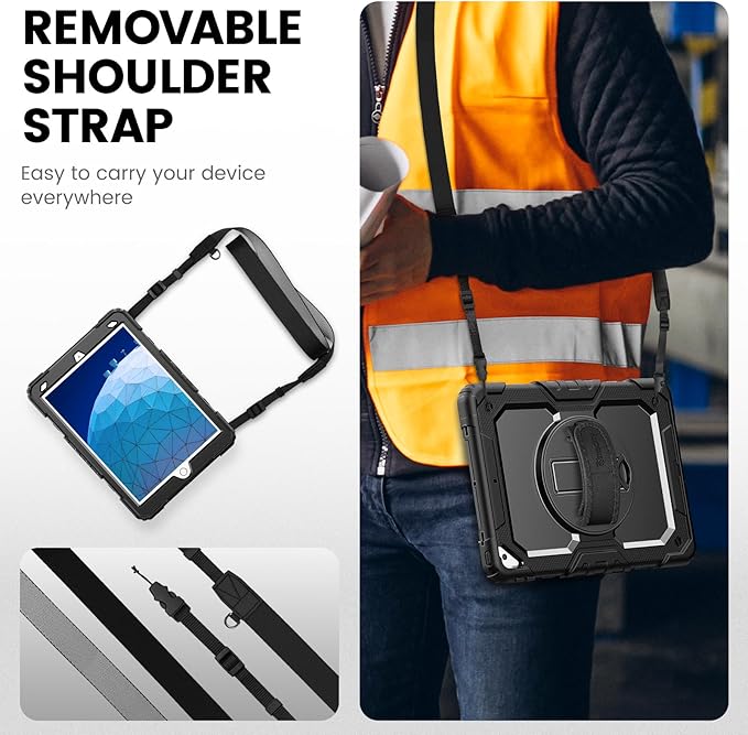 Timecity for iPad Air 3/ Pro 10.5 Inch Case, 360° Rotating Stand, Pencil Holder, Shockproof with Screen Protector & Shoulder Strap - Heavy Duty Protection Case for iPad Air 3rd Gen - Black