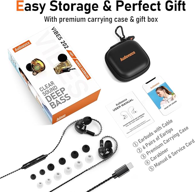 Vibes 202ML Wired Earbuds - HiFi in Ear Headphones for iPhone 5–14, Noise Isolating Ear Buds w/ Mic - Clear Sound, Deep Bass, Comfort-Fit Earphones - MMCX–LTN, Silver Plated Cord, Carrying Case