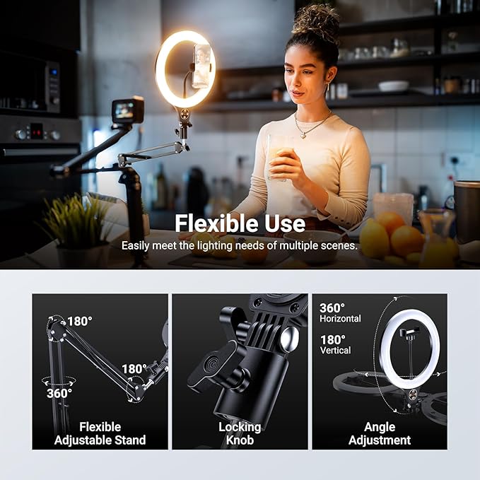 NEEWER Entry Level Version 10" 10W Ring Light with 46"-63" Stand, Overhead Phone Holder Mount Compatible with iPhone, Bi Color LED Selfie Lighting CRI85+ for TikTok Video Recording Streaming, N44