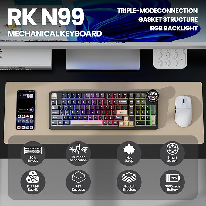 RK ROYAL KLUDGE N99 Wireless Mechanical Keyboard with Screen & Knob, BT/2.4G/USB-C, 96% Hot Swappable Custom Keyboard, Pre-lubed Tactile Switches, Gasket Mount, RGB Gaming Keyboard