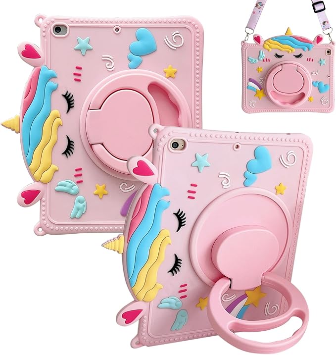 Dteck for iPad Pro 11 Case 2022/2021/2020/2018,iPad Air 5/4 Case,Cute Cartoon 3D Unique Rotating Handle Stand Shoulder Strap Soft Silicone Funda Rugged Shockproof Protective Kid-Proof Case,Unicorn