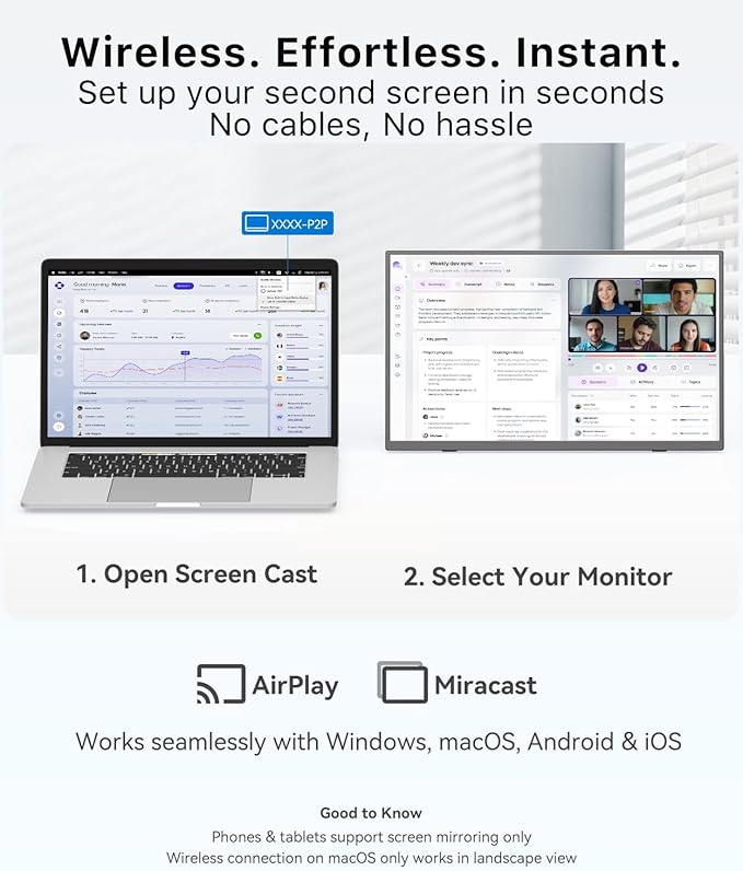 Wireless Portable Monitor with 8000mAh Battery- 15.6" 1080P IPS Second Screen for Travel/Office, AirPlay & Miracast Casting, Up to 5 hrs Use, No Cables or Drivers Needed, Works with Laptop/PC/Phone