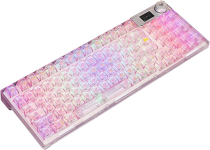 F98 Pro 95% Hot-Swappable Mechanical Keyboard – Transparent Keycaps, RGB Backlit Gaming Keyboard, Tri-Mode BT5.0/2.4G/USB-C, OLED Display, 4000mAh Battery, Pink