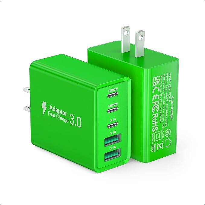 2 Pack 50W USB C Fast Charger Block,5-Port Type C Wall Charger Brick,2 USB A & 3 USB C PD3.0 Power Adapter Multiport Charging Plug Box for iPhone 13/14/15/16/17,Pad Mini/Pro, Cellphones(Green)