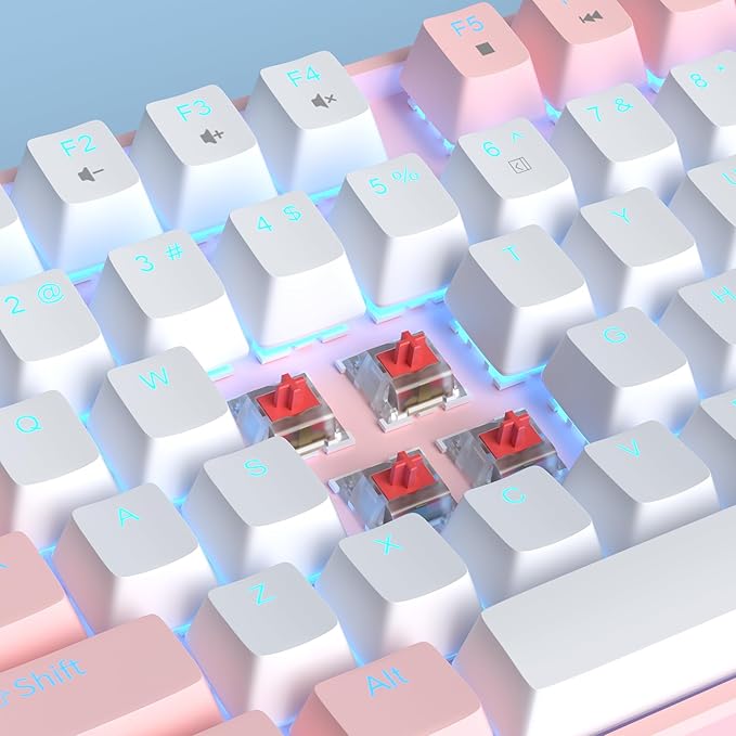 MageGee 75% Mechanical Gaming Keyboard, Red Switch, LED Blue Backlit, 87 Keys Compact TKL Wired Computer Keyboards for Windows Laptop PC Gamer - White/Pink