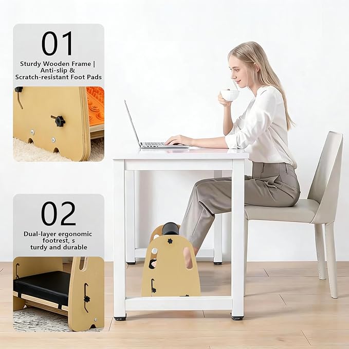 Double Layer Wooden Foot Stool for Under Desk, Foam Roller Top + Cushioned Bottom with Replaceable Massage Pad, Ergonomic Design, Suitable for Office, Home, Gaming, All Seasons Use(Orange)