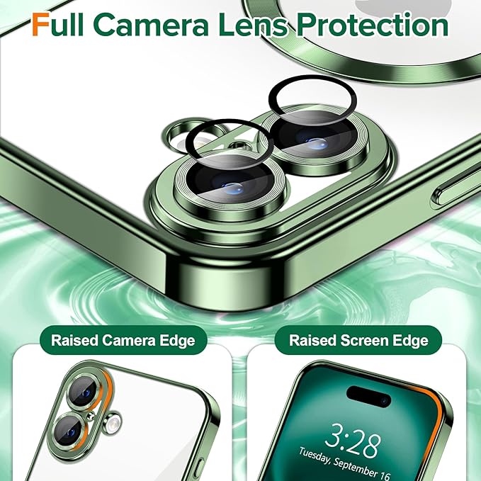 Hython Magnetic Clear for iPhone 16 Plus Case with Camera Lens Protector [Compatible with MagSafe] Luxury Plating Edge Slim Soft TPU Cover Protective Phone Case for iPhone 16 Plus 6.7", Deep Green