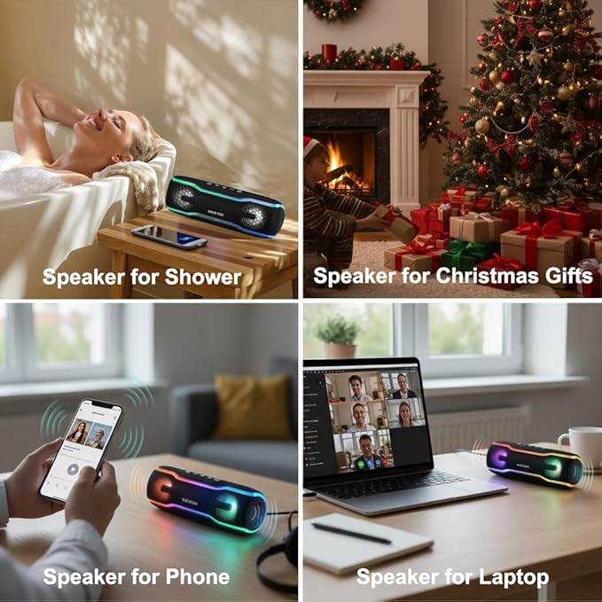 Bluetooth Shower Speaker, IPX7 Waterproof Wireless Speaker with 24H Playtime, Beat Pads, RGB Lights, TWS Pairing, Durable Design, Perfect for Travel, Beach, and Gifts - Black