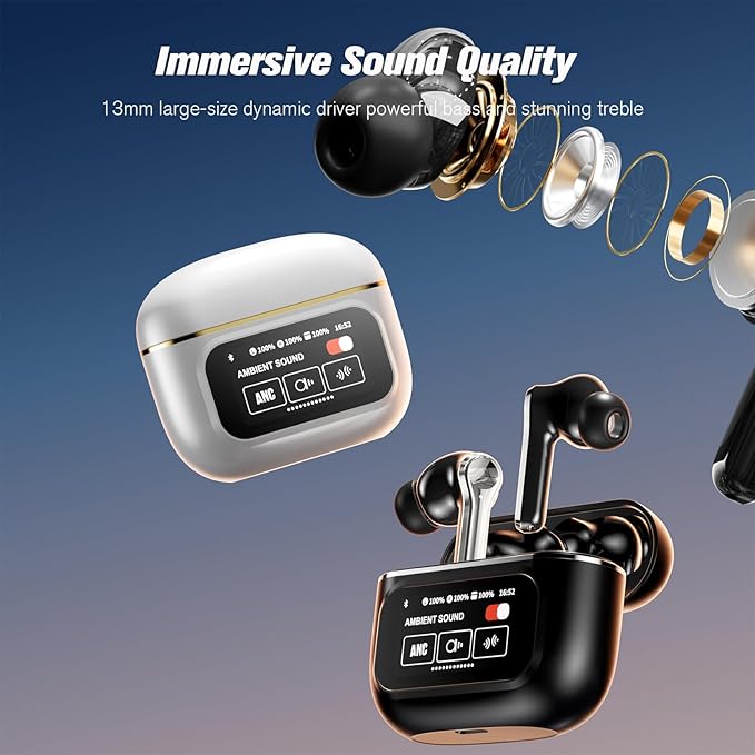 Active Noise Cancelling Touch Screen Earbuds with Screen Touchscreen TWS Bluetooth Earbuds Active Noise Canceling Blue Tooth Ear Buds for iPhone ANC Transparency Mode