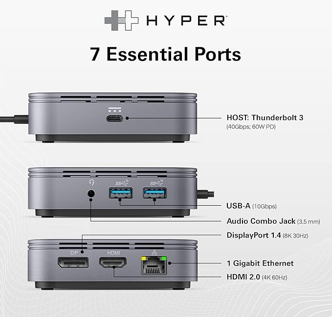 HyperDrive USB-C & Thunderbolt 4 Dual Monitor Dock - 4K60Hz HDMI Thunderbolt Docking Station -7-in-1 Dock - Slim, Portable, Powerful
