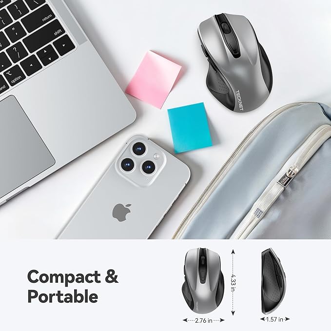 TECKNET Wireless Mouse, 2.4G Ergonomic Optical Mouse, Computer Mouse for Laptop, PC, Computer, Chromebook, Notebook, 6 Buttons, 24 Months Battery Life, 2600 DPI, 5 Adjustment Levels - Silver