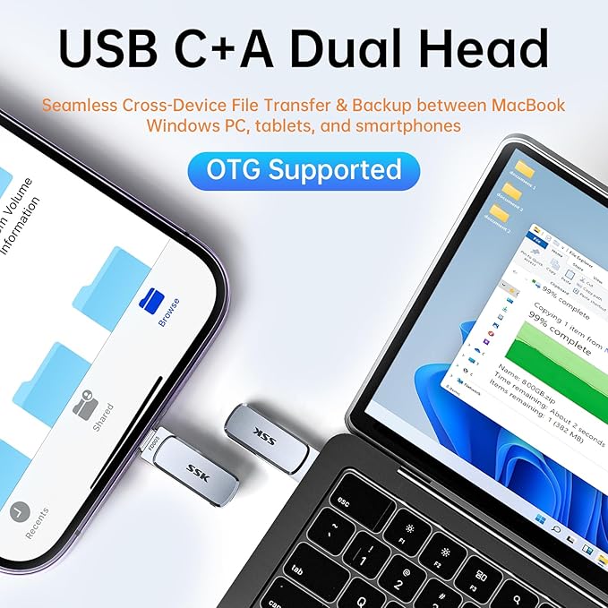 SSK 64GB Dual USB Flash Drive USB C Thumb Drive, up to 240 MB/s Type-C and USB-A 3.2 FlashDrive Memory Stick, Zinc Pendrive for iPhone 15/16Pro/Win/Android OTG with Water, Dust, and Drop Resistance