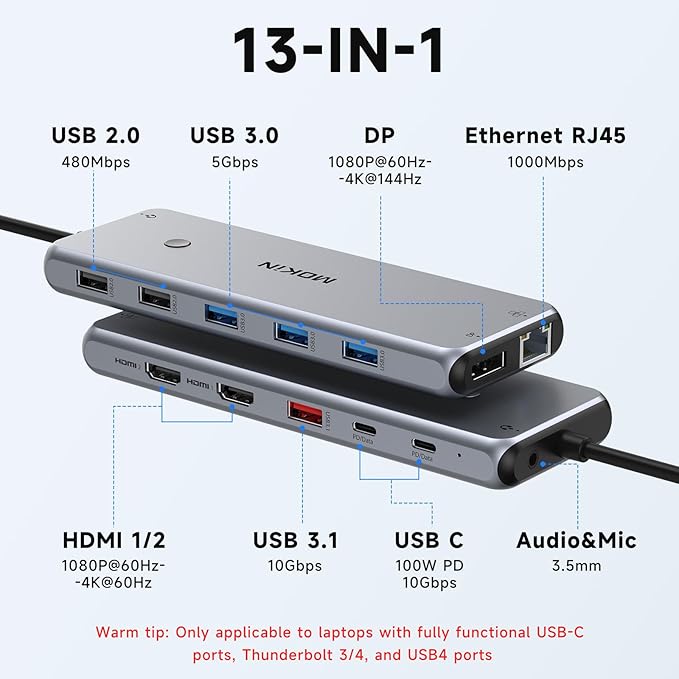 USB C Docking Station Laptop Hub Dual Monitor Multiport Adapter Dock Dongle,USB C to 2 HDMI,DisplayPort,PD Charging,Ethernet,7 USB A/C 3.1/3.0/2.0 Ports,Audio