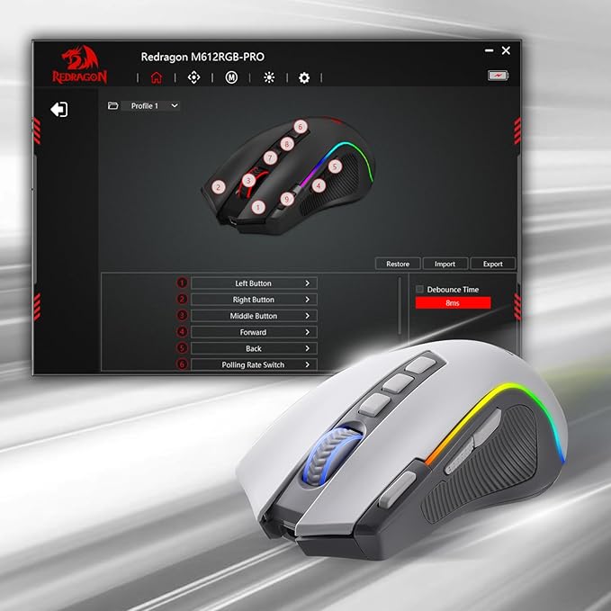 Redragon M612 PRO RGB Gaming Mouse, 8000 DPI Wired/Wireless Optical Mouse with 9 Programmable Buttons & 7 Backlit Modes, BT & 2.4G Wireless, Software Supports DIY Keybinds Rapid Fire Button