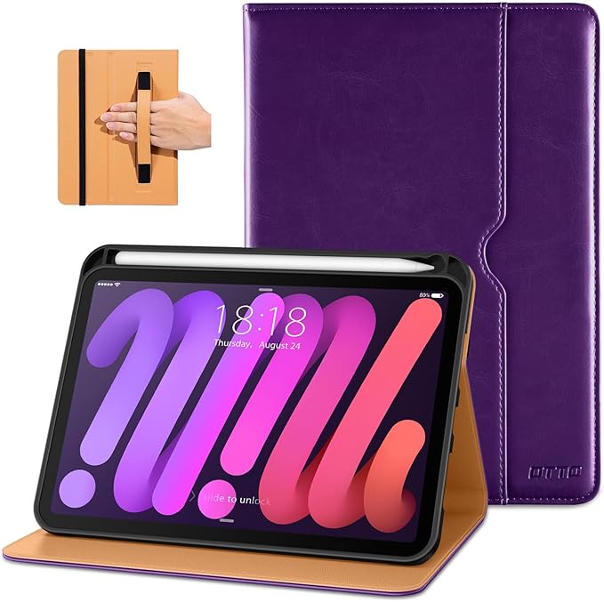 DTTO for iPad mini 7th (A17 Pro) 2024/iPad Mini 6th Generation Case 2021 8.3 Inch, Premium Leather Business Folio Stand Cover for Mini 7/6 with Pencil Holder-Multiple Viewing Angles, Dark Purple