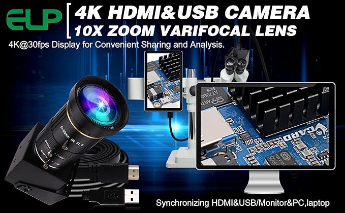 ELP 4K USB HDMI USB Camera Manual Zoom Webcam Variable Focus PC Camera Mini Close-up Camera for Computer H.264 Telescope USB Security Camera 8mp IMX415 Industrial CCTV Camera (5-50mm 10X Zoom Lens)