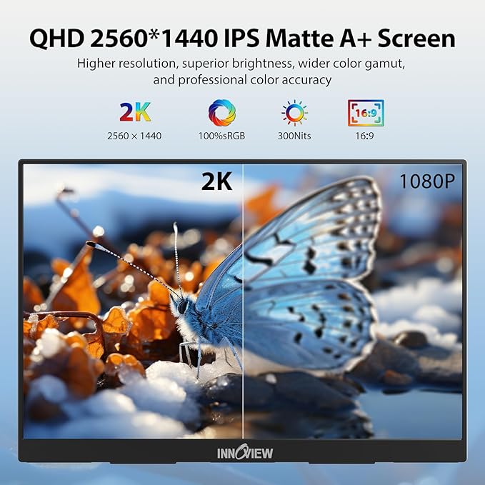InnoView 18.5 Inch 280Hz Portable Gaming Monitor,2K QHD 100% sRGB Portable Monitor Gameplus HDR FreeSync Laptop Monitors,Portable Screen for PC Phone Game Console