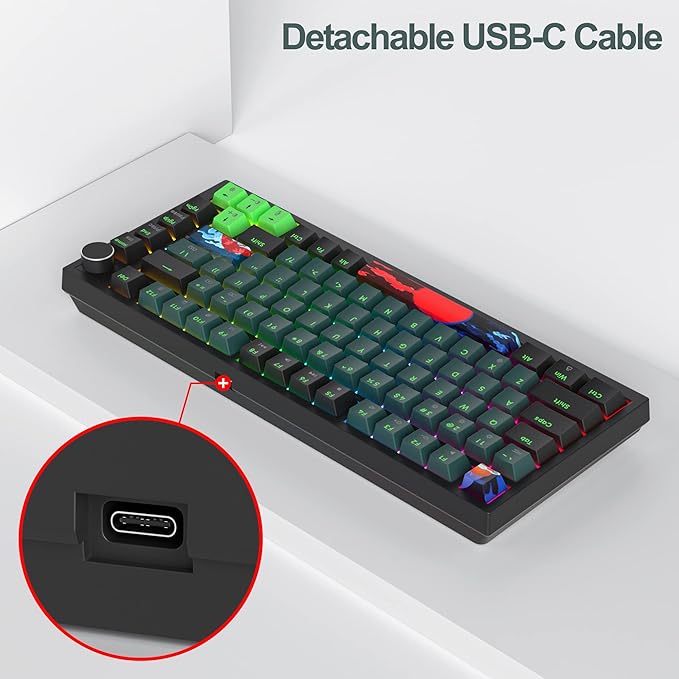 Fogruaden Wired 75% Percent Mechanical Keyboard Hot Swappable, Red Switch, RGB Backlit, 82 Keys TKL Mechanical Keyboard, NKRO Compact Gaming Keyboard, Volume Control Knob (Soundwave)