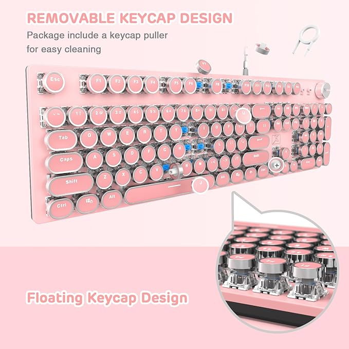 Typewriter Style Retro Wired Mechanical Gaming Keyboard, Vintage Steampunk with White LED Backlit, 104-Key Anti-Ghosting Blue Switch Cute Keyboard, Round Keycaps Knob Control for PC/Win/Mac/Laptop
