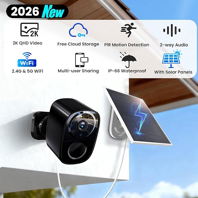 realhide 2026 Upgraded 2K Wireless Outdoor Security Cameras with Solar Panels, Free Cloud Storage, AI Motion Detection, Spotlight & Siren Alarm, 2-Way Talk, IP66 Waterproof