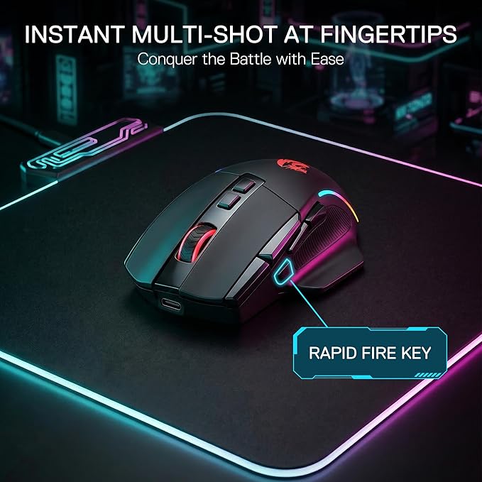 Redragon M925 PRO Wireless Gaming Mouse, 26,000 Max DPI Optical RGB Gaming Mice with 10 Programmable Buttons, Ergonomic Natural Grip Build, Software Supports DIY Keybinds & DPI, Black