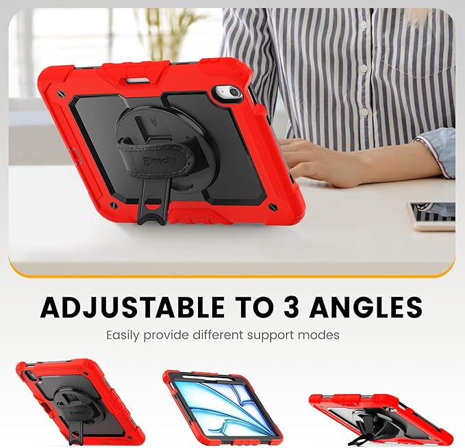 timecity Case for iPad Air 11 Inch M4 / M3 / M2 (2026/2025/ 2024), 360° Rotating Stand, Pencil Holder & Wireless Charging, Shockproof with Screen Protector & Shoulder Strap - for Designers, Red