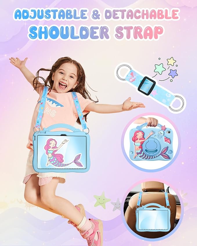 Boaretiu for iPad 10th Generation Case - Girls Teens Cute Cartoon Blue Mermaids 10.9 Inch 2022 Tablet Cover with Strap & Rotating Stand Soft 3D Silicone Funda for iPad 11th 11 Inch 2025