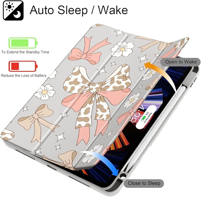 Tuiklol for iPad Pro 12.9 Inch 6th/5th/4th/3rd Generation 2022 2021 2020 2018 Case,Built-in Pencil Holder Clear Transparent Protective Back Shell Cover with Auto Sleep/Wake, Leopard Bow Pink