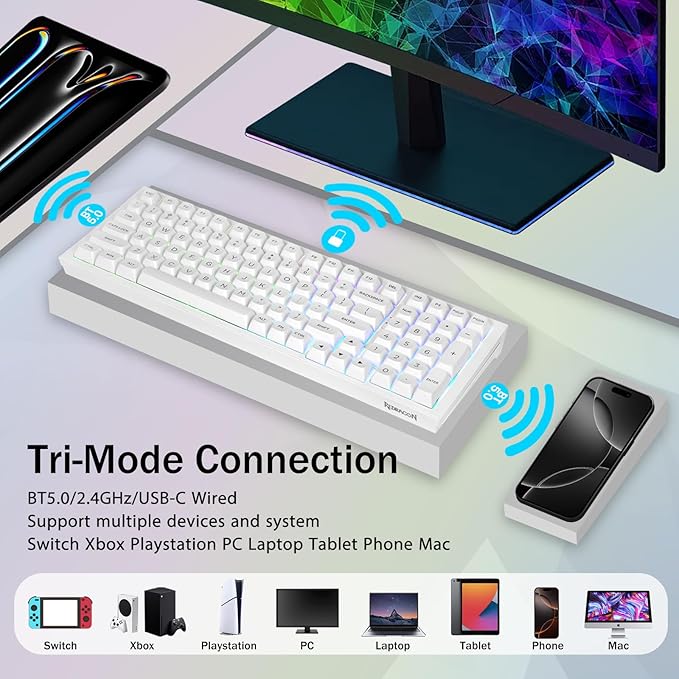 Redragon K723 Wireless Mechanical Gaming Keyboard Creamy, Bluetooth/2.4G/USB-C Wired, RGB Backlit, Hot Swappable Pre-lubed Linear Switches, 96% Custom Gasket Structure for PC/Mac/PS/Xbox,White