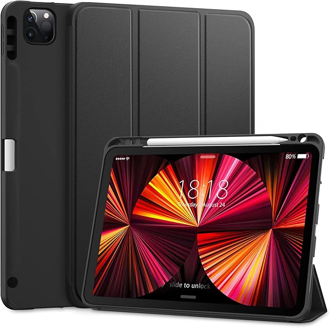 DTTO for iPad Pro 11 inch 4th/3rd/2nd/1st Generation 2022/2021/2020/2018 Case, Smart Slim Trifold Stand Soft TPU Back Cover with Built-in Pencil Holder, Also Fit iPad Air 5/4,Black