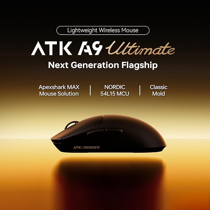 ATK Dragonfly A9 Ultimate Wireless Gaming Mouse, 55g Lightweight, PAW3950 Ultra Sensor, Nordic 54L15 MCU, 8K Polling, 800 Hr Battery Life, Dual-Mode 2.4G/Wired