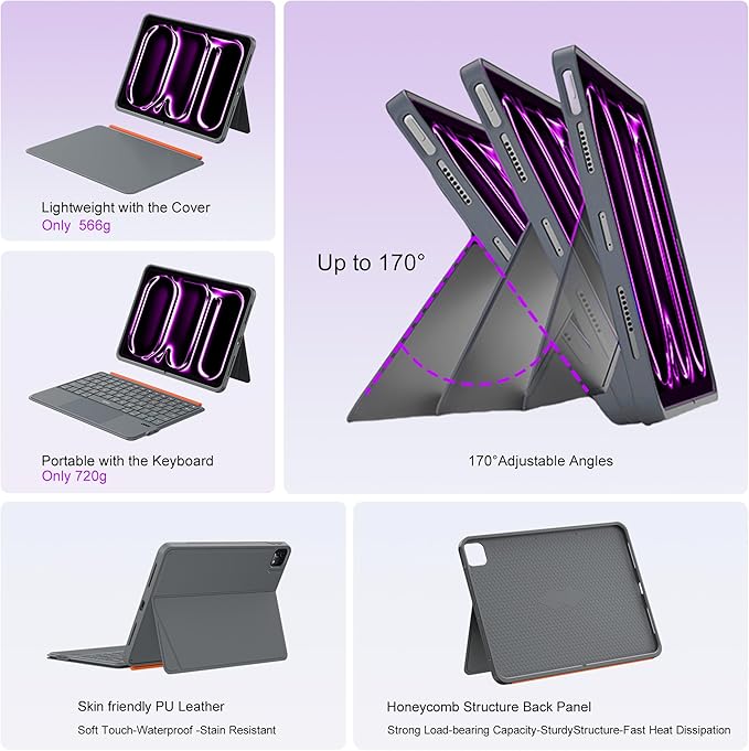 WIWU iPad Pro 13 inch Keyboard Case M4/M5 2024/2025 Magnetic Detachable 3 in 1 Bluetooth Case Keyboard Adjustable Stand 7 Colors Backlit Keys with Touchpad (Grey, iPad Pro 13"(M4/M5 2024/2025))