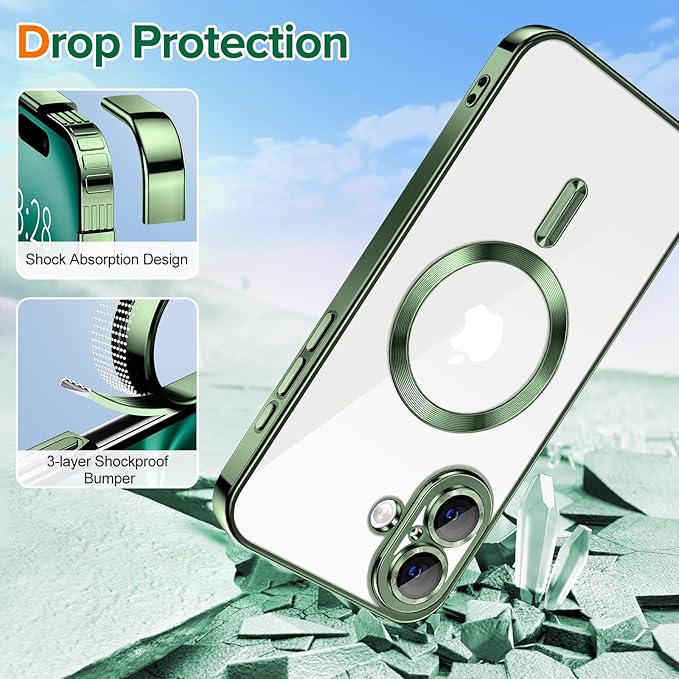 Hython Magnetic Clear for iPhone 16 Plus Case with Camera Lens Protector [Compatible with MagSafe] Luxury Plating Edge Slim Soft TPU Cover Protective Phone Case for iPhone 16 Plus 6.7", Deep Green