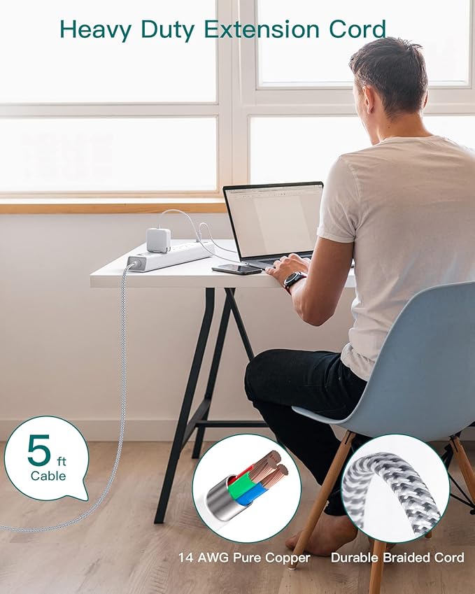 Power Strip Surge Protector with USB C - Flat Plug Extension Cord with 6 AC Outlets 4 USB (2 USB C), Wall Mount, 5ft, 1080 J, Multi Plug Outlet Extender for Home Office Dorm Room Essentials