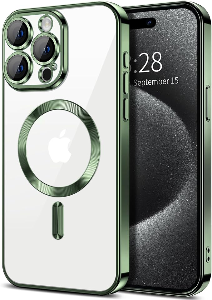 Hython Magnetic Clear for iPhone 15 Pro Max Case with Camera Lens Protector [Compatible with MagSafe] Plating Edge Slim Soft TPU Cover Protective Phone Case for iPhone 15 Pro Max 6.7", Deep Green