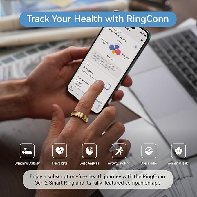 RingConn Gen 2, World’s First Smart Ring with Sleep Apnea Monitoring, No APP Subscription, 12-Day Battery Life, Stress/Heart Rate/Women's Health Tracker, Android & iOS Compatible (Rose Gold, Size 9)