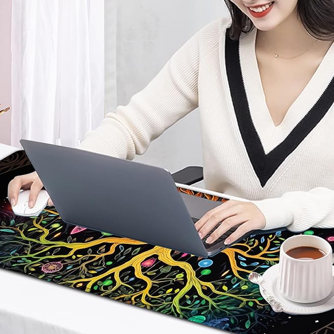 Large Mouse Pad, 31.5 x 11.8in Extended Gaming Mouse Pad with Stitched Edges, XXL Mousepad Protector Non Slip Rubber Base for Office and Home Writing Mat, Colorful Tree of Life Pattern Black Desk Mat