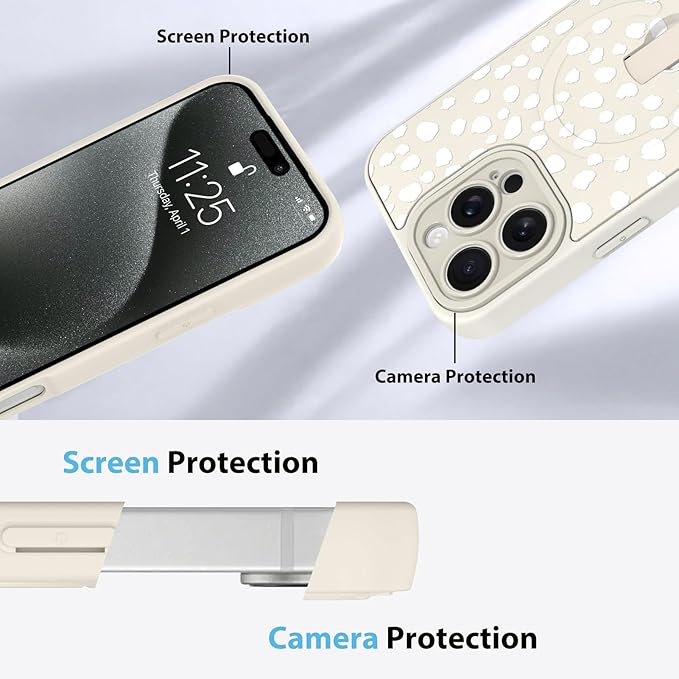 KANGHAR Compatible with iPhone 15 Pro Case, Support for MagSafe, Silicone Speck Leopard Cute Pattern, Wristband Kickstand Camera Protection Soft Slim Cover for Girls Women -White