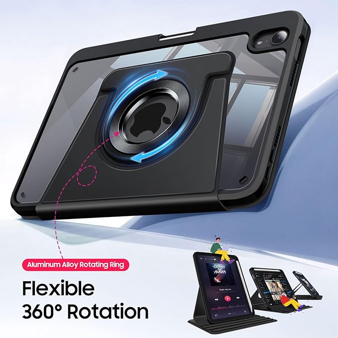 Fintie 360 Degree Rotating Case for iPad mini 7 (A17 Pro, 7th Generation) 2024 / iPad mini 6 (6th Gen) 8.3 Inch - Swiveling Protective Stand Clear Back Cover with Pencil Holder (Black)