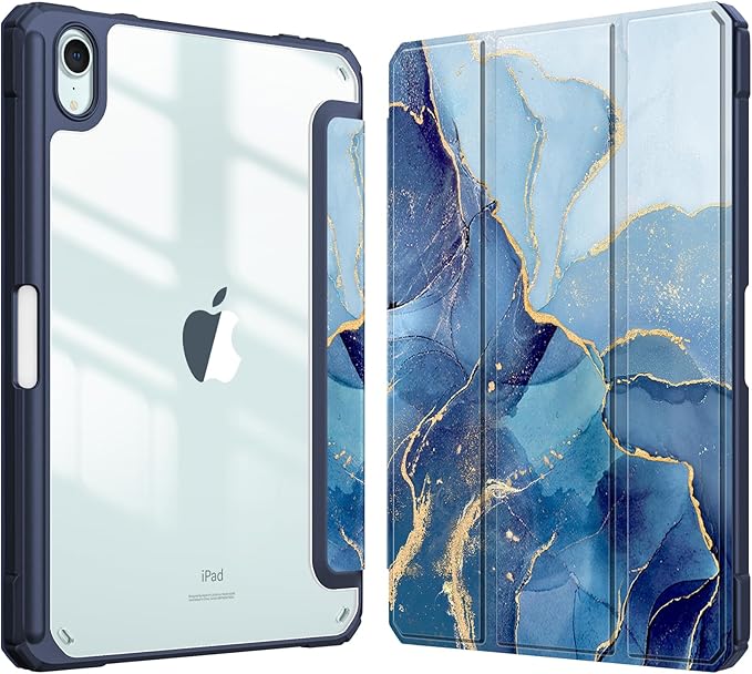 Fintie Hybrid Slim Case for iPad Mini 7 (A17 Pro, 7th Generation) 2024 / iPad Mini 6 (6th Gen) 8.3 Inch, [Built-in Pencil Holder] Shockproof Cover Clear Transparent Back Shell, Ocean Marble