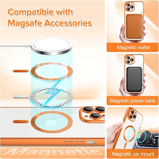 Hython Magnetic Clear for iPhone 11 Pro Case with Camera Lens Protector [Compatible with MagSafe] Luxury Plating Edge Slim Soft TPU Cover Protective Phone Case for iPhone 11 Pro 5.8", Matte Orange